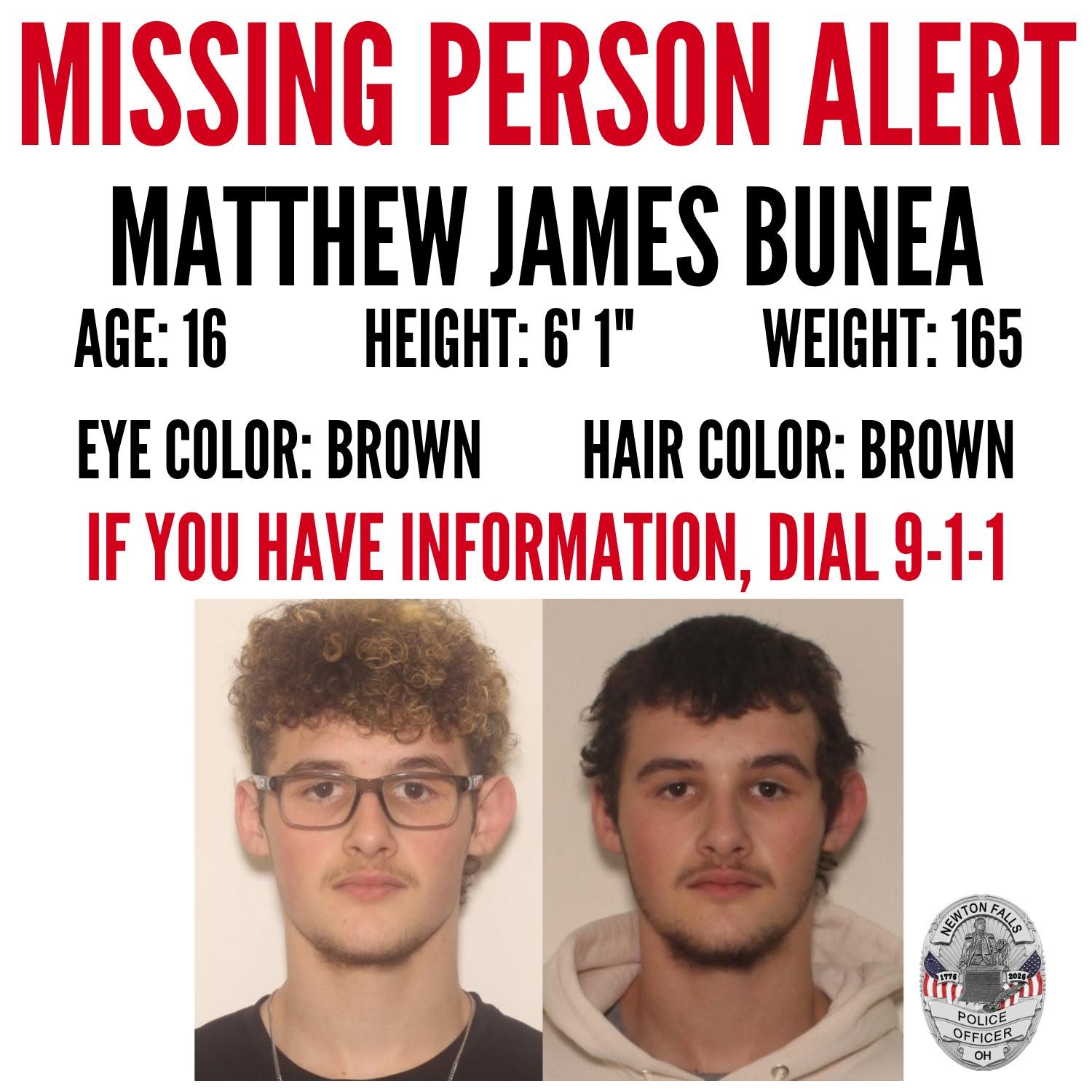 Newton Falls Police issue missing-person alert for boy, 16 -